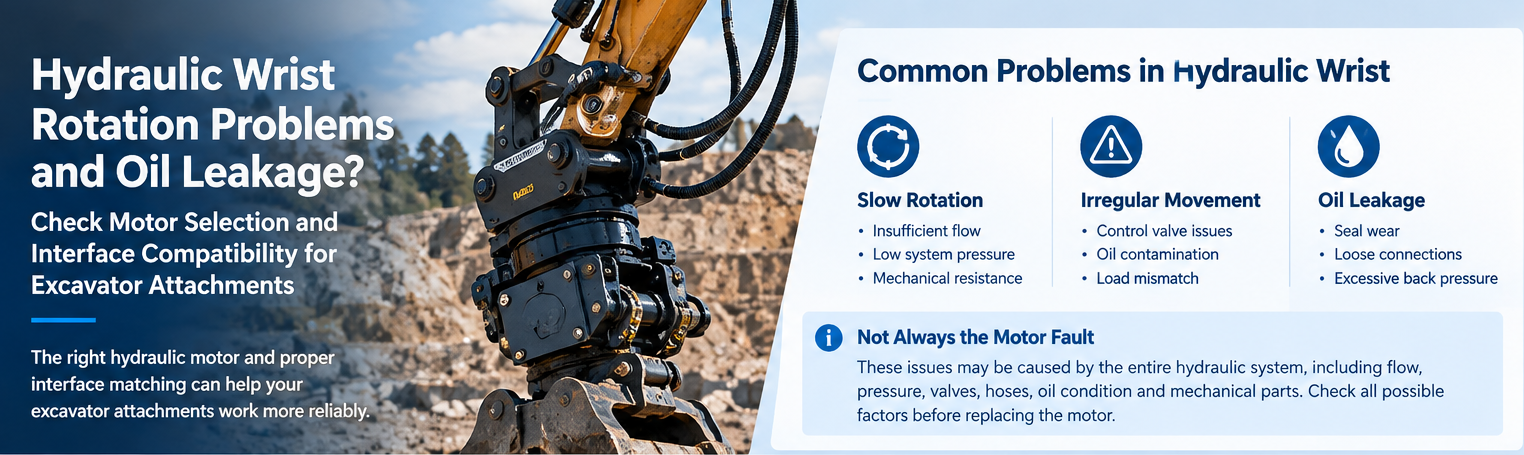 บล็อกบริษัทล่าสุดเกี่ยวกับ Hydraulic Wrist Rotation Problems and Oil Leakage: Checking Motor Selection and Interface Compatibility for Excavator Attachments
